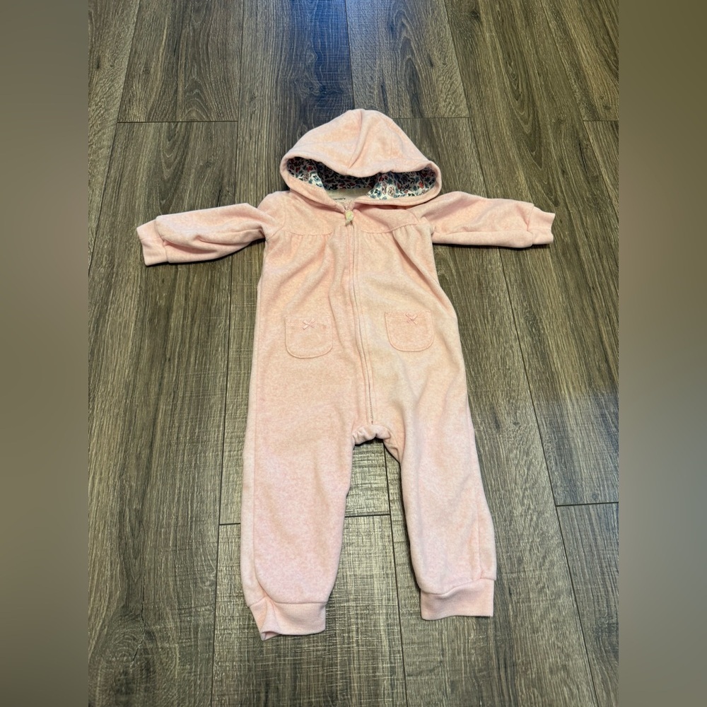 Carters Baby Girl Pink Fleece Coverall With Bear Size 12 Months